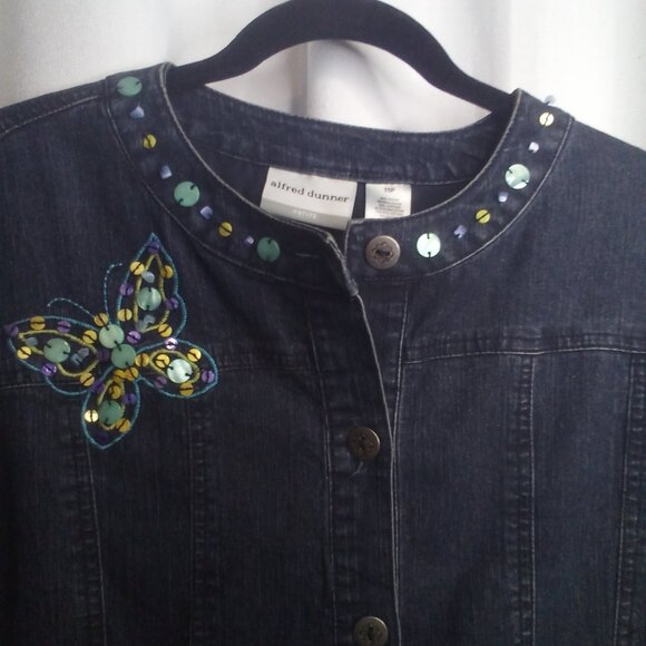 Alfred Dunner Jean Jacket 10P 10 Petite Button Up Butterfly Beading Denim Blue - Picture 7 of 15